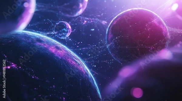 Fototapeta Cosmic nebula, vibrant planets, and energy streams.  Interconnected planets in a swirling galaxy