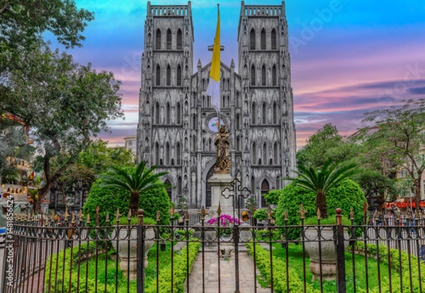 Obraz St Joseph Cathedral Church in Hanoi Old Quarters Vietnam magnificent structure architecturally majestically built by the French who colonised the Vietnamese. Saint Joseph’s Cathedral Church