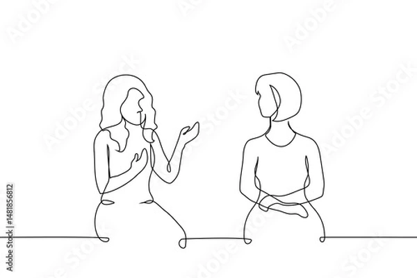Fototapeta women talking sitting side by side and looking at each other - one line art vector. woman actively gesticulating, and her partner with a straight back turned her head