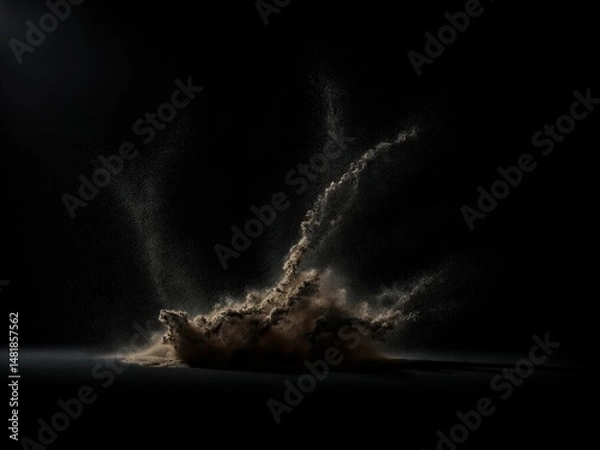 Fototapeta Fein verteilte Sandwolke in aufstrebender Form mit subtiler Lichtinszenierung vor tiefschwarzem Hintergrund