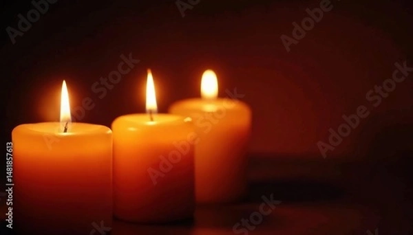 Fototapeta Close-up of several lit church candles, glowing warmly against a dark background , devotion, ambiance