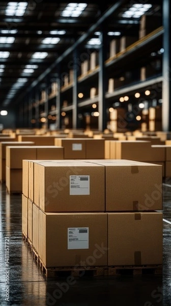 Fototapeta Interior of a large warehouse filled with neatly stacked cardboard boxes awaiting shipment