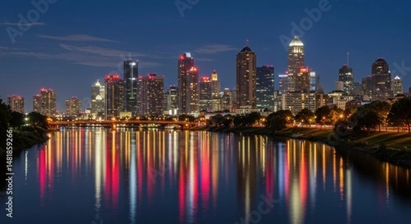 Fototapeta Cityscape twilight reflections showcasing Des Moines Iowa's illuminated skyline