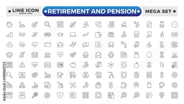 Fototapeta Retirement and pension outline icon set. Employee benefit stroke icons set. Related to teamwork, insurance, Bonus, pension, and Security. Editable stroke outline icon.