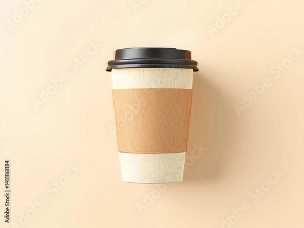 Obraz Modern Coffee Cup Mockup: Takeaway Paper Cup with Lid and Sleeve on Beige Background