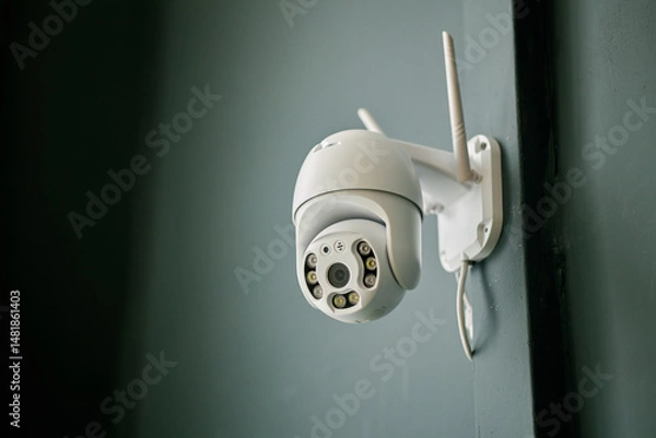 Obraz Functional security surveillance camera mounted on wall. Equipped with multiple sensors and wireless antennas for enhanced monitoring capability