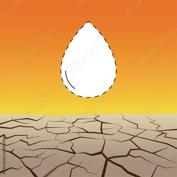 Obraz Illustration of a cracked, dry earth under an orange sky with an outlined, missing water drop. Symbolizing severe drought, water scarcity, and the urgent need for conservation.