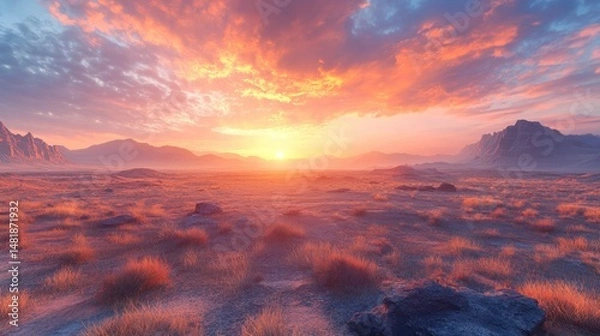 Fototapeta Desert Sunset Landscape with Mountains and Clouds