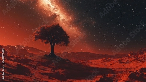 Fototapeta Tree Silhouette Under Milky Way on Red Planet