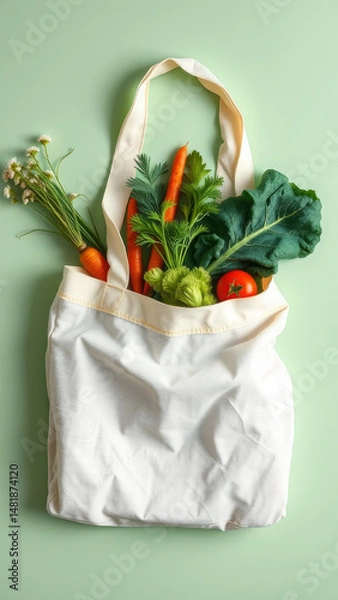 Obraz Reusable White Canvas Tote Bag with Fresh Farmers Market Vegetables on Green Background