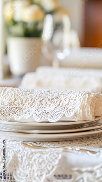 Fototapeta Elegant table setting with lace napkins for dining and decor inspiration