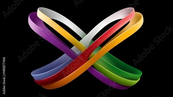 Fototapeta Colorful ribbon is twisted into a cross shape. The ribbon is made of different colors and is very long