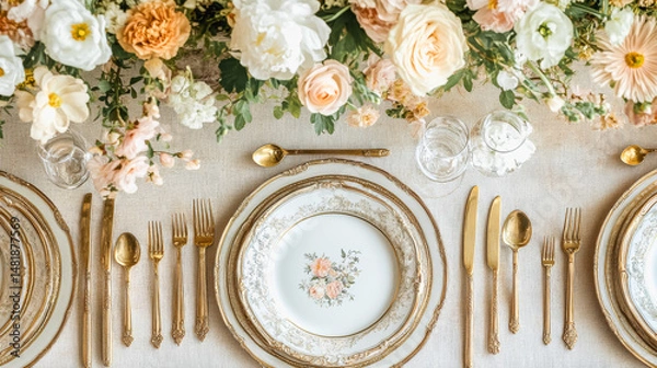 Fototapeta Elegant rococo style table setting with floral arrangement for formal dining events