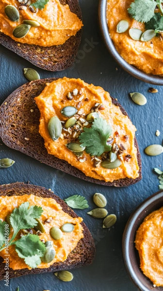 Fototapeta Autumn appetizer with rye crisps and pumpkin spread garnished with pumpkin seeds and cilantro