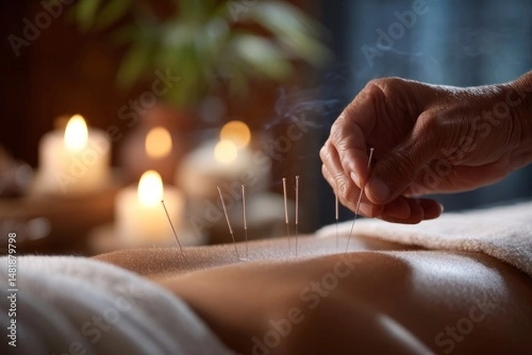 Obraz Close-up of acupuncture therapy in a tranquil spa setting with candles