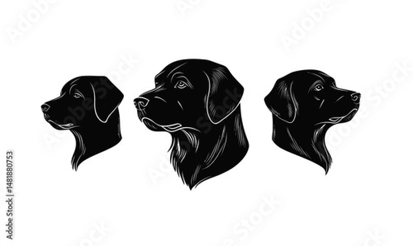 Obraz Set of three black dog head silhouettes with detailed line art in flat minimalist style on white background for pet and animal design concepts