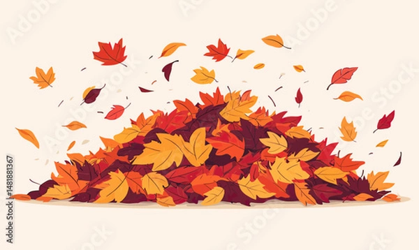 Fototapeta Colorful autumn leaves pile with red orange and yellow maple leaves in flat minimalist vector style isolated on light background