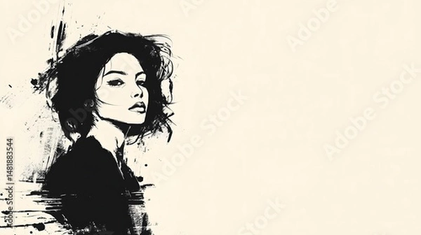 Obraz Moody Grunge Portrait of Woman in Black and White, Generative AI