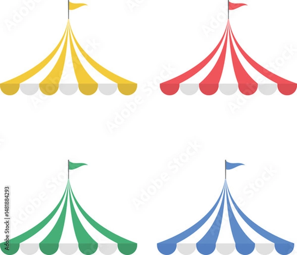 Obraz サーカステントのイラストセット 赤 黄 緑 青のカラーバリエーション入り