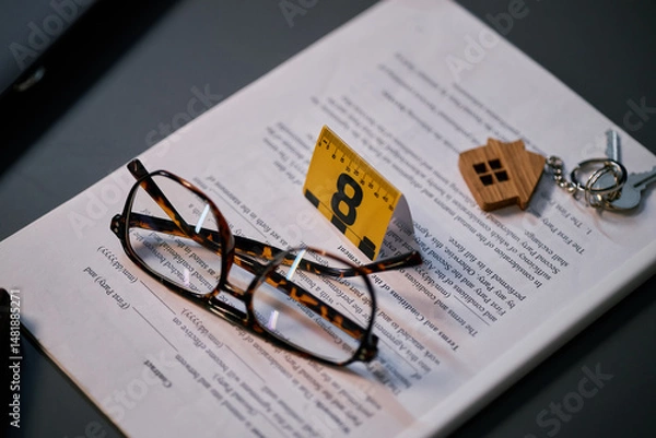 Fototapeta Close up of a pair of glasses and an evidence marker, placed on an open book near a keychain with small house shaped pendant and other items on dark surface