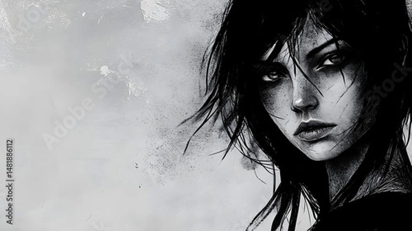 Obraz Moody Grunge Portrait of Woman in Black and White, Generative AI