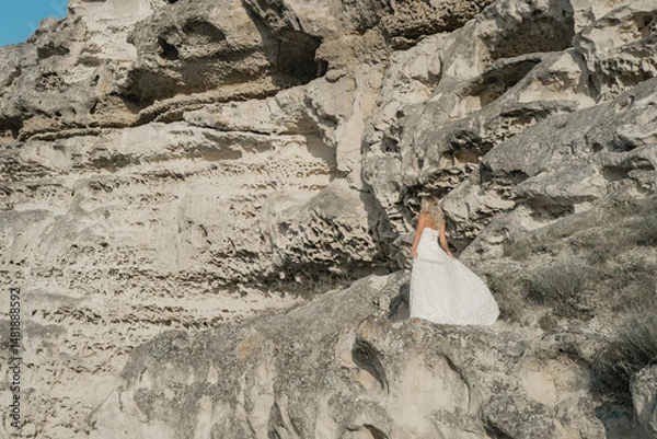Obraz a woman in a white dress, a bride on a mountain with a blue sky. Beautiful nature, freedom, enjoyment of life. High quality photo