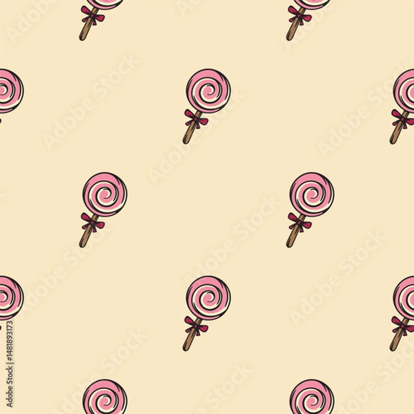 Obraz Round lollipop with a spiral design. Vector seamless pattern. Endless background for wrapping paper, print, textile
