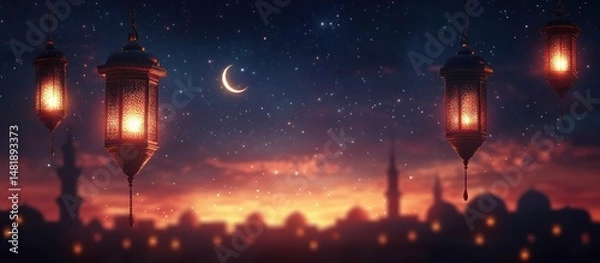 Fototapeta Ramadan Lantern with Crescent Moon and Night Sky