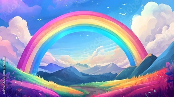 Fototapeta Vibrant Rainbow Over Colorful Landscape in Vector Art and Digital Painting Style