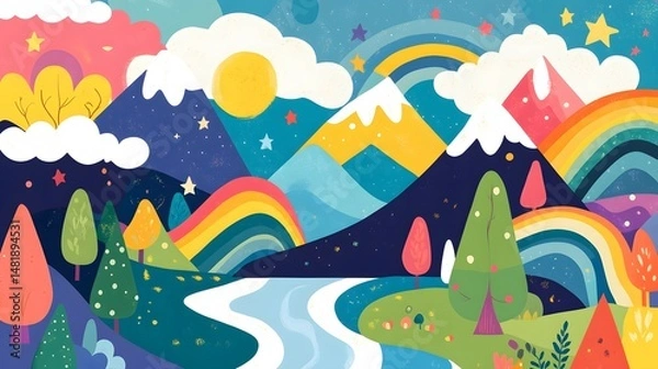Fototapeta Vibrant Rainbow Over Colorful Landscape in Vector Art and Digital Painting Style