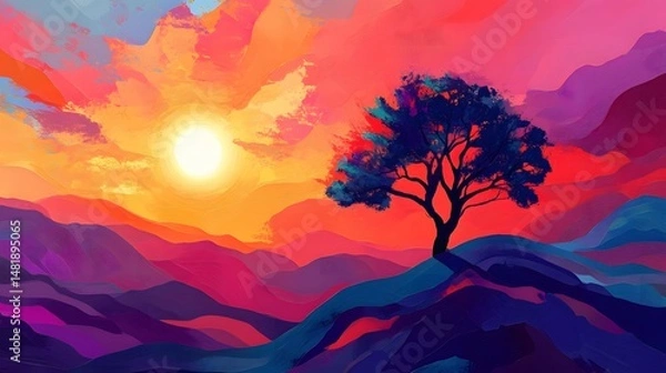 Fototapeta Psychedelic Landscape with Swirling Clouds, Vivid Mountains, Trees, and Winding River