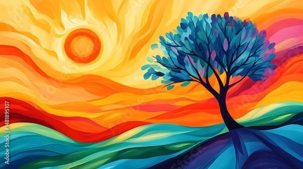 Fototapeta Psychedelic Landscape with Swirling Clouds, Vivid Mountains, Trees, and Winding River