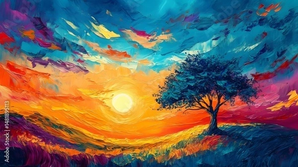 Fototapeta Psychedelic Landscape with Swirling Clouds, Vivid Mountains, Trees, and Winding River