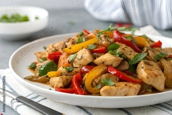 Fototapeta Colorful Chicken Stir-Fry with Bell Peppers and Chili on White Plate with Gray Linen Background