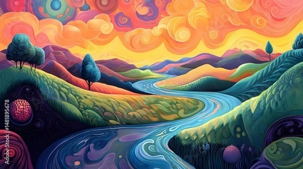 Fototapeta Psychedelic Landscape with Swirling Clouds, Vivid Mountains, Trees, and Winding River