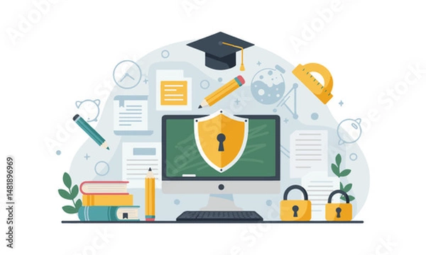 Fototapeta Online Education Cybersecurity Illustration : computer with a locked shield, surrounded by learning materials