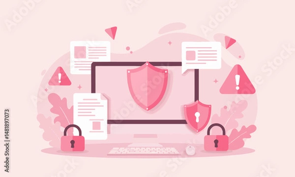 Fototapeta  Enhanced Data Security Illustration   computer with a prominent shield, surrounded by secure documents and padlocks.