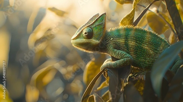 Fototapeta Chameleon on Exotic Tree Branch with Green and Brown Camouflage in Natural Habitat