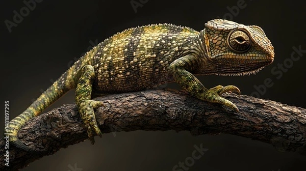 Fototapeta Chameleon on Exotic Tree Branch with Green and Brown Camouflage in Natural Habitat