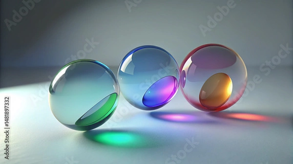 Fototapeta 3d rendered glass circles with colorful reflective highlights composition