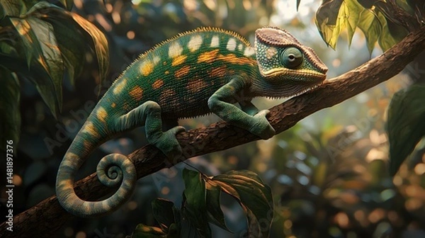 Fototapeta Chameleon on Exotic Tree Branch with Green and Brown Camouflage in Natural Habitat