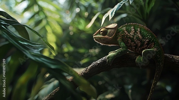 Fototapeta Chameleon on Exotic Tree Branch with Green and Brown Camouflage in Natural Habitat