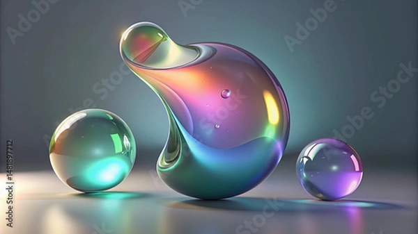 Fototapeta Fluid shaped glass with vibrant reflections in artistic 3d composition