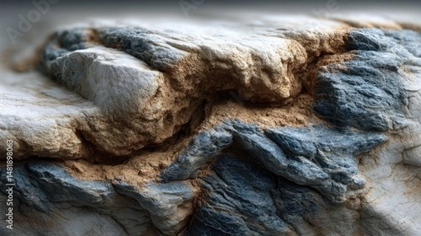 Obraz Close up shows the textured surface of an old stone resting near the weathered bark of an ancient tree trunk, hinting at nature's enduring patterns