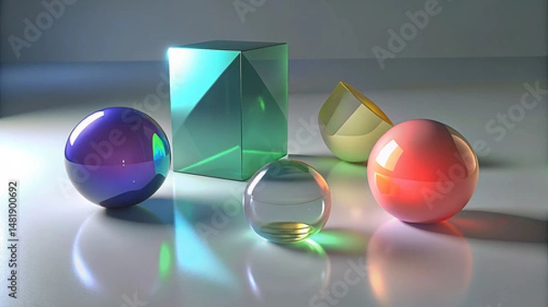 Fototapeta Glass shape reflection composition with artistic color effects in 3d