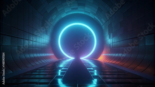 Fototapeta Glowing neon ring lights in tunnel scene with futuristic 3d rendering