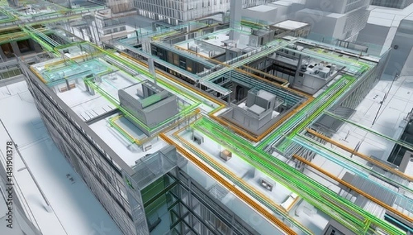 Obraz Advanced tech visualizing BIM model utilities within modern buildings for efficient architectural planning.
