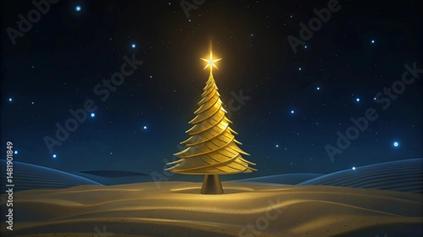 Fototapeta Abstract golden Christmas tree night background in festive theme