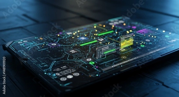 Fototapeta Advanced tech device with glowing digital interface