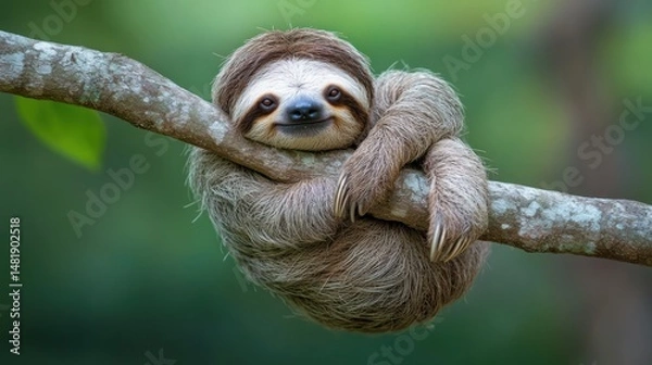 Fototapeta Sloth Hanging on Tree Branch